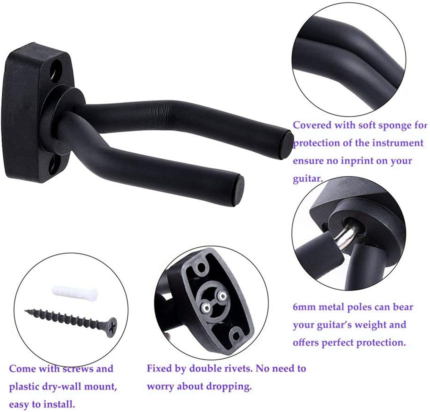 Wall Mount Guitar Hanger Hook with Screws and Anchors｜Universal Support for String Instruments
