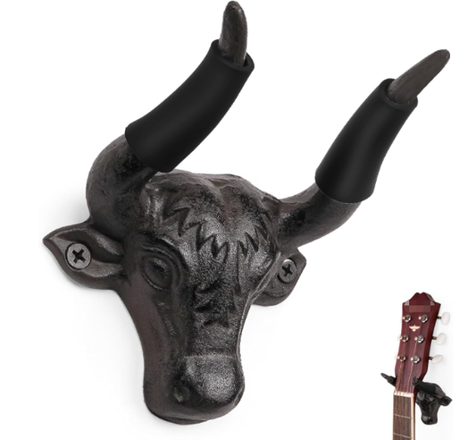 Vintage Bull Head Cast Iron Guitar Wall Hanger｜Rubber-Padded Horn Hooks｜Rustic Decorative Wall Mount